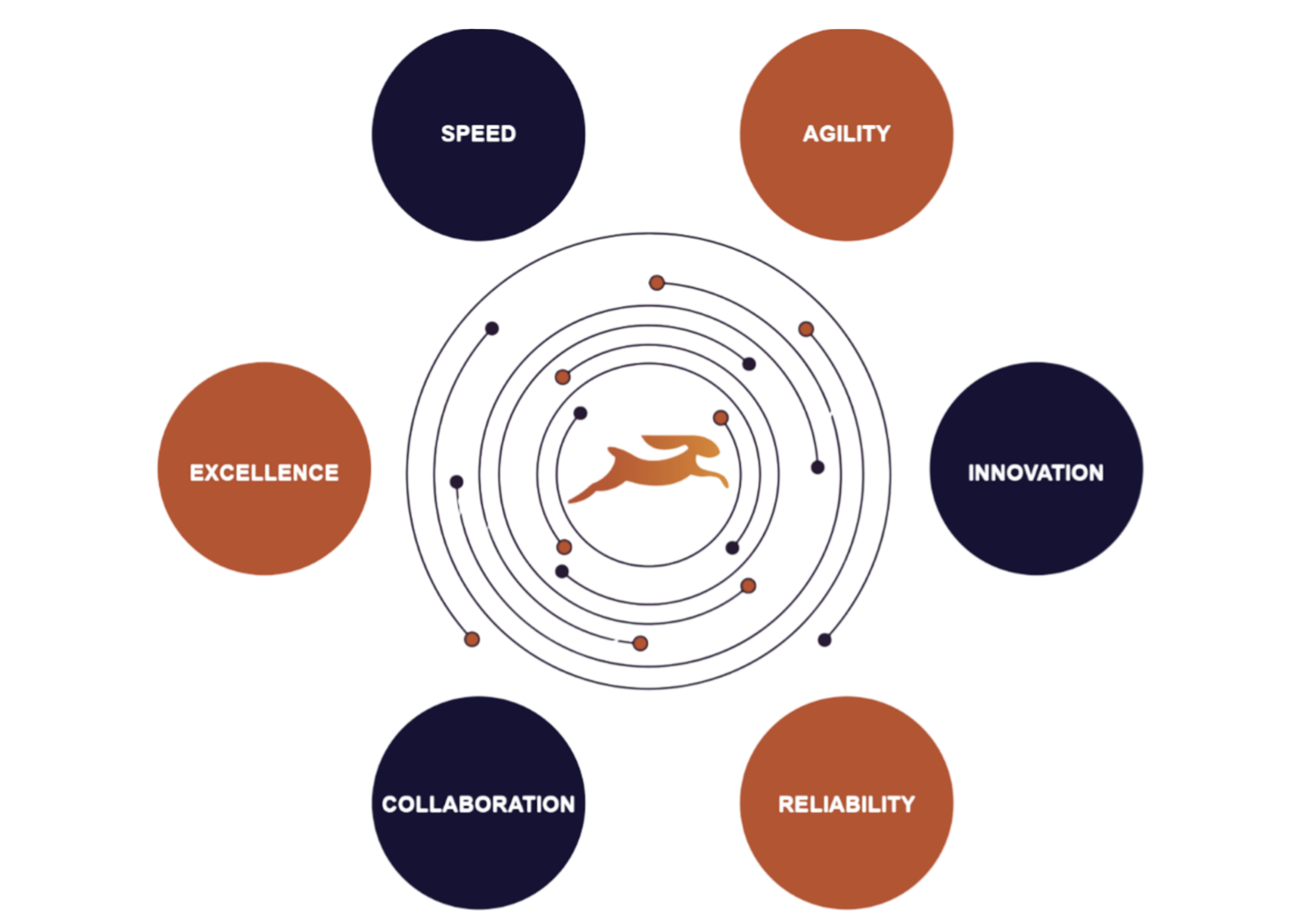 Tumbi JV core values orbital diagram showing Speed, Agility, Innovation, Reliability, Collaboration, and Excellence surrounding a leaping hare